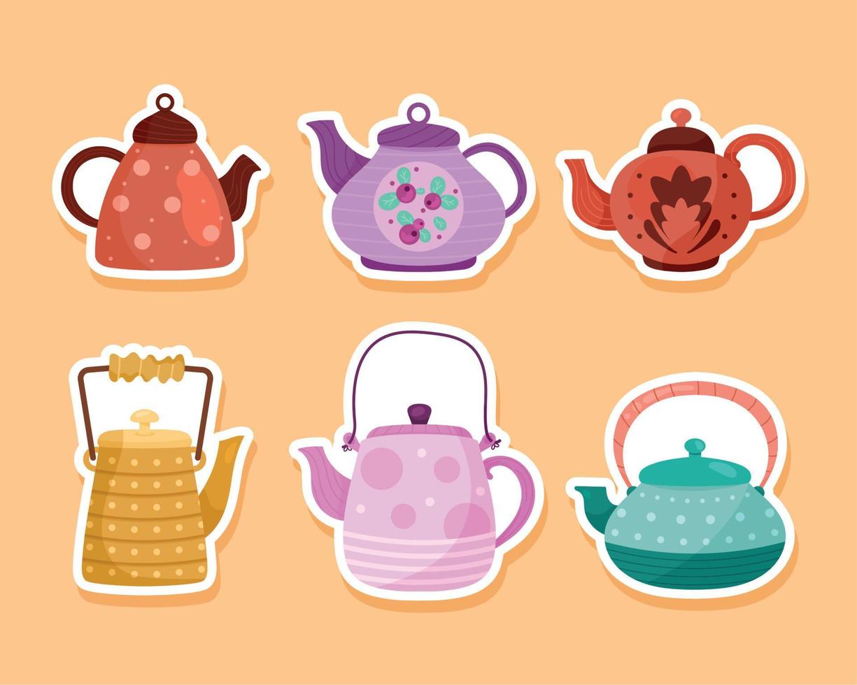 sechs Symbole für Teekannen in der Küche vektor
