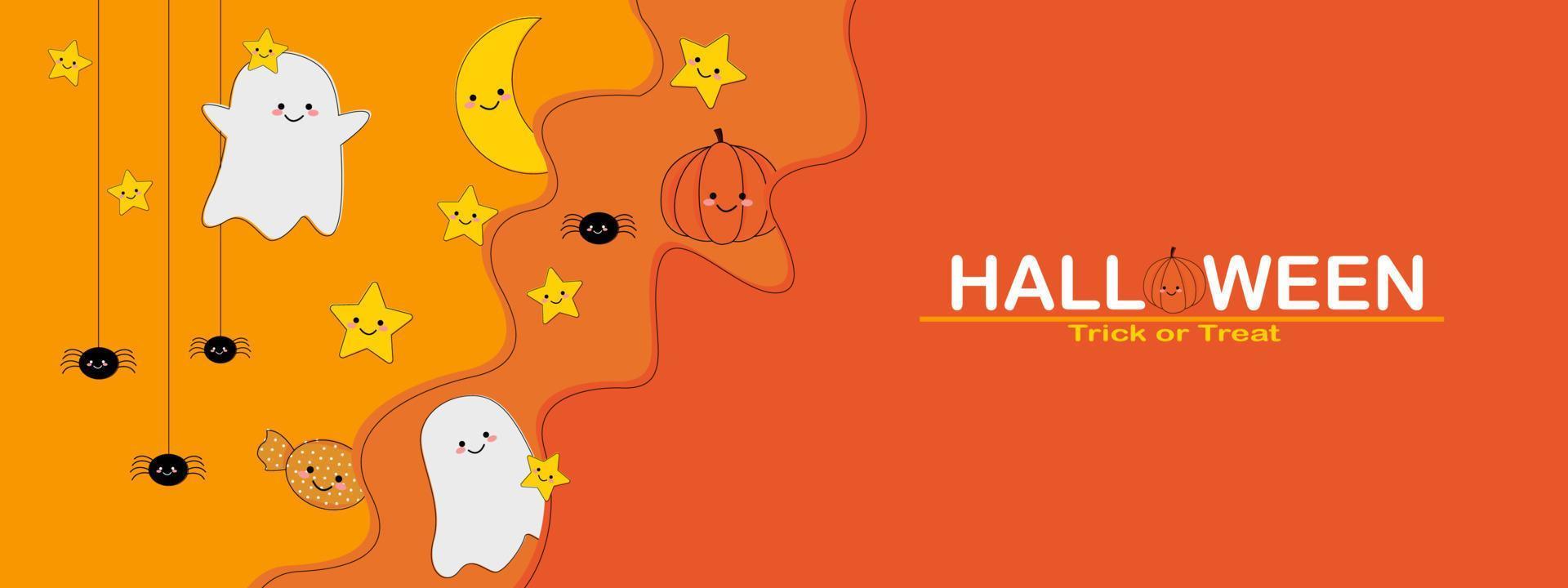 fröhliches halloween-banner oder partyeinladungshintergrund. Halloween auf orangefarbenem Hintergrund. süße Geisterkürbis-Süßigkeitsspinne vektor