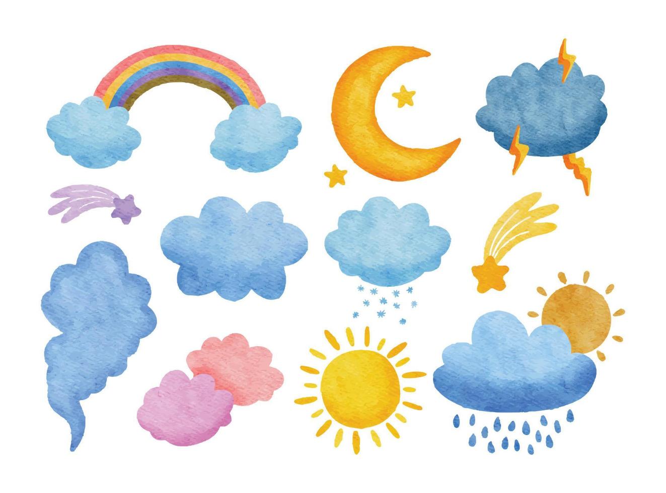 aquarellwetterregenbogen, regenwolken, sonne, mond, stern, blitz, windillustration vektor