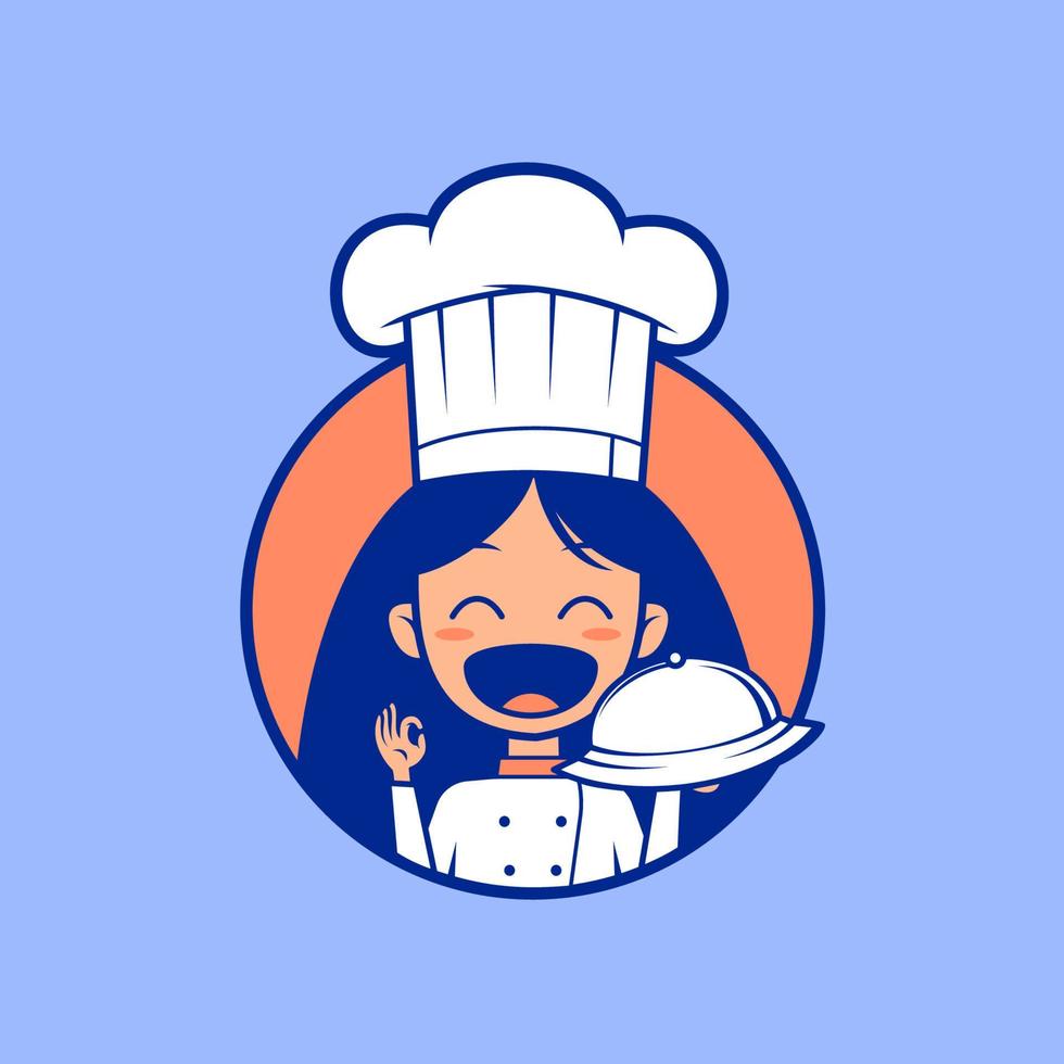 rolig kvinna kock matlagning bemästra tecknad serie emblem logotyp vektor