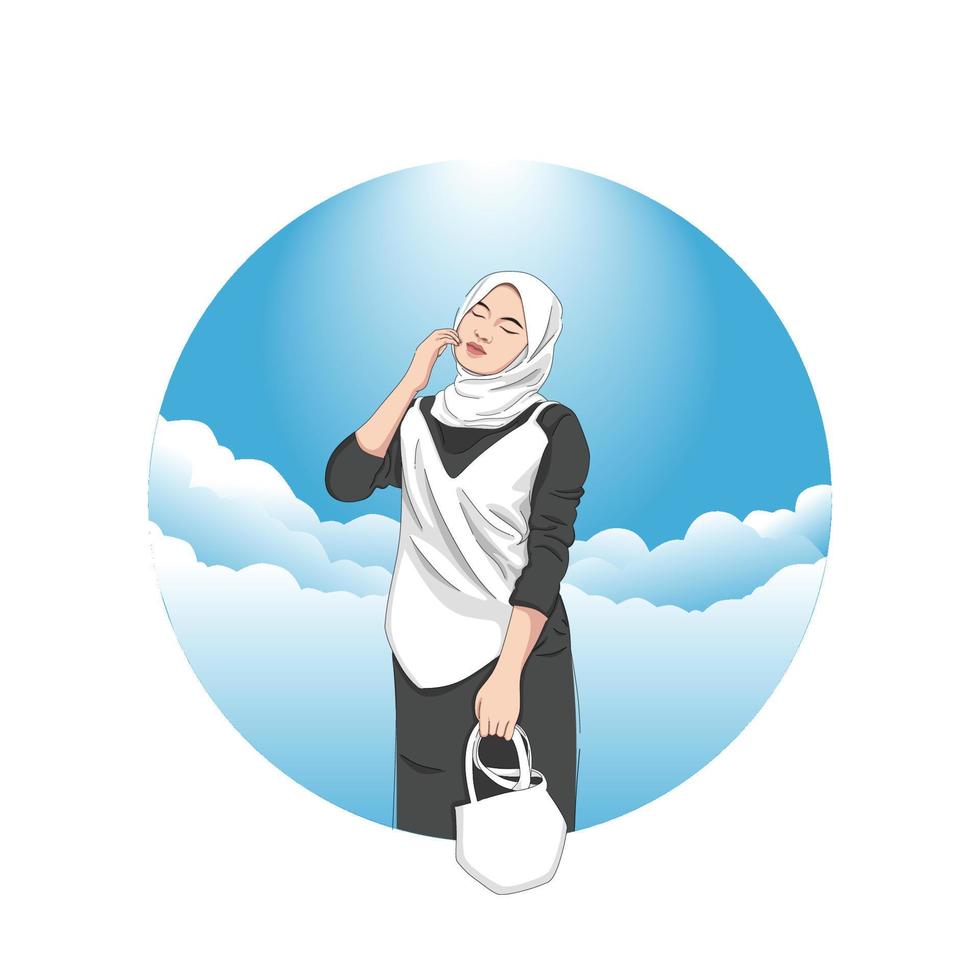 Illustrationsvektor-Potrait-Grafik von Hijab-Frauen, die eine Tasche halten vektor