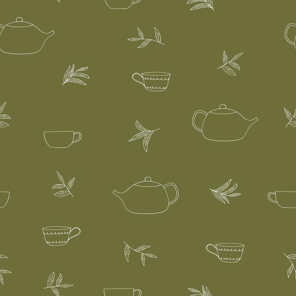 Tasse, Teekanne, Teeblätter nahtlose Muster handgezeichnet im Doodle-Stil. heißes Getränk, Teezeremonie. Textil, Packpapier, Hintergrund, Tapete vektor