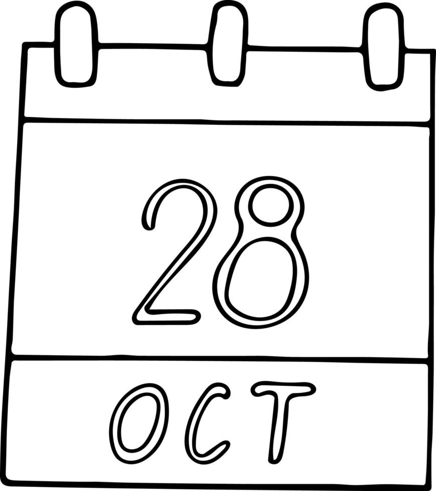 Kalenderhand im Doodle-Stil gezeichnet. 28. oktober. internationaler animationstag, datum. Symbol, Aufkleberelement für Design. Planung, Betriebsferien vektor