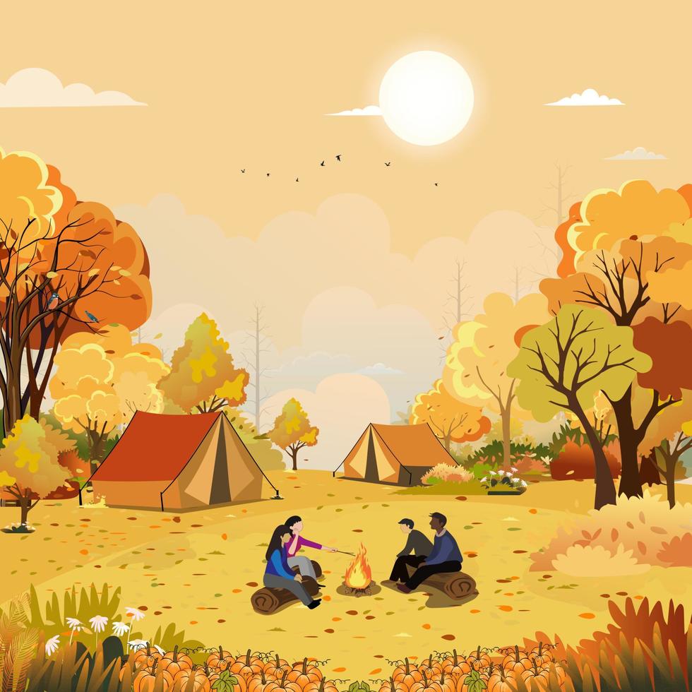 Familie genießt Campingurlaub auf dem Land im Herbst, Gruppe von Menschen, die in der Nähe des Zeltes sitzen und am Lagerfeuer Spaß haben, miteinander zu reden, Vektor ländliche Landschaft im Herbstwaldbaum mit Sonnenuntergangshimmel
