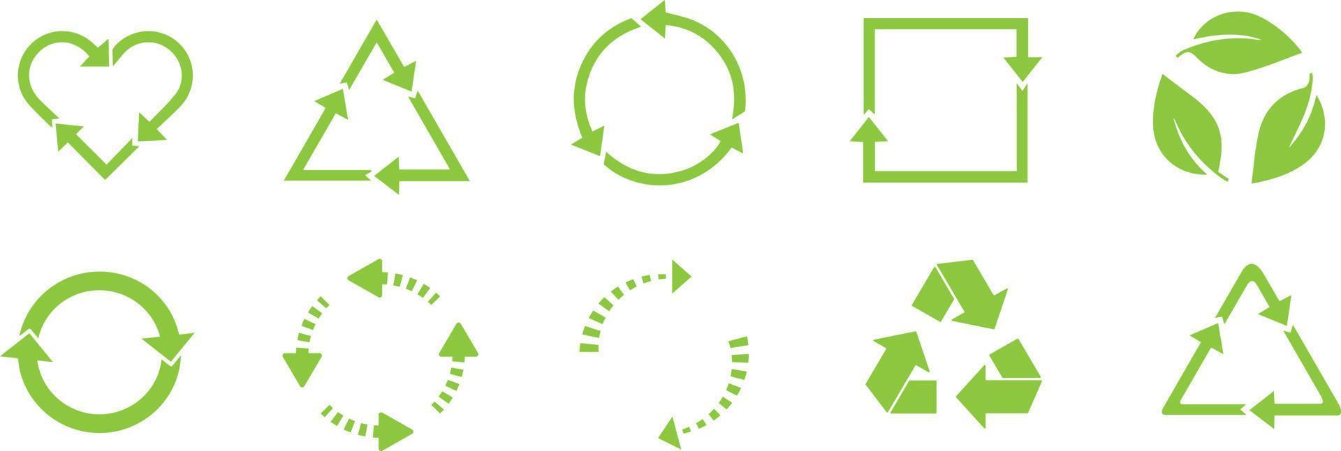 återvinna ikon uppsättning. pilar, hjärta och blad återvinna eco symbol. avrundad vinklar. återvunnet tecken vektor illustration isolerat på vit bakgrund.