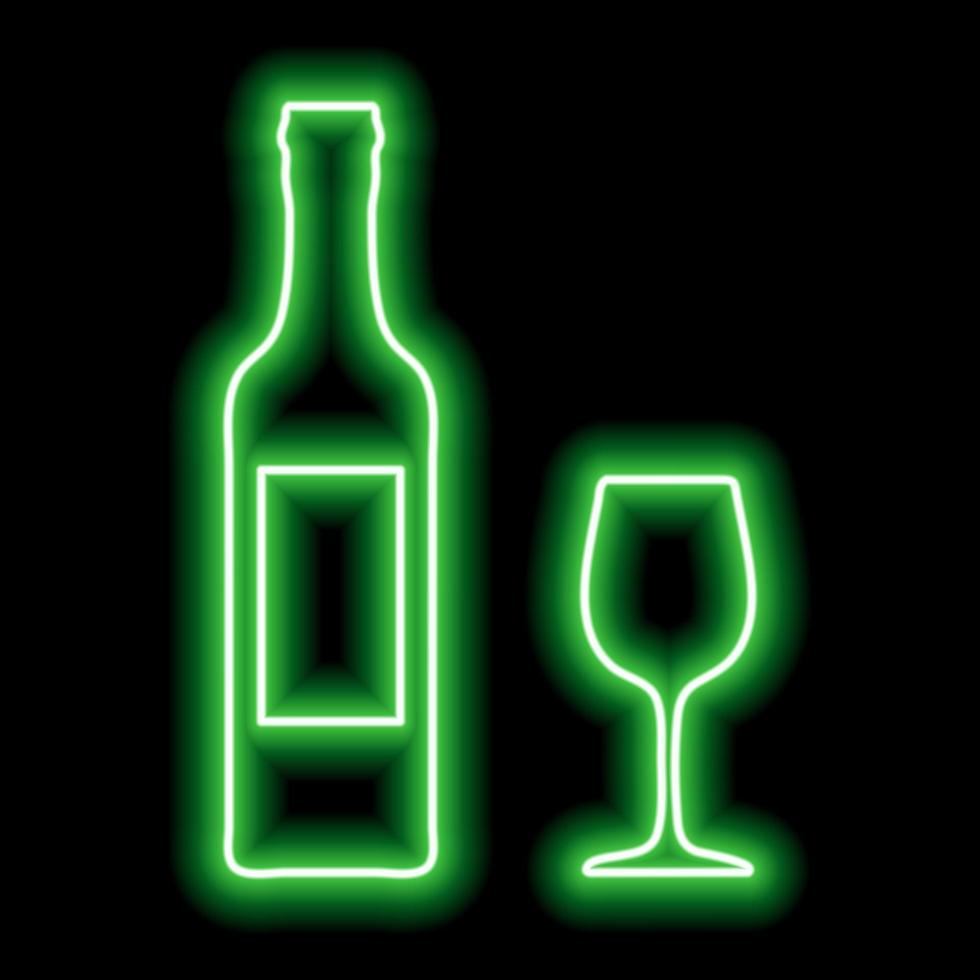 grön neon översikt av en flaska av vin med en märka och en glas på en svart bakgrund. bar ikon vektor