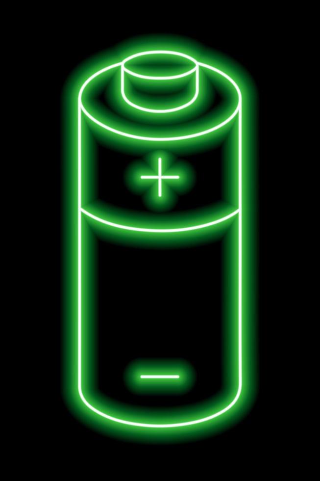 grön neon översikt av batteri med plus och minus- tecken på en svart bakgrund. avgift tecken. elektricitet, kraft vektor