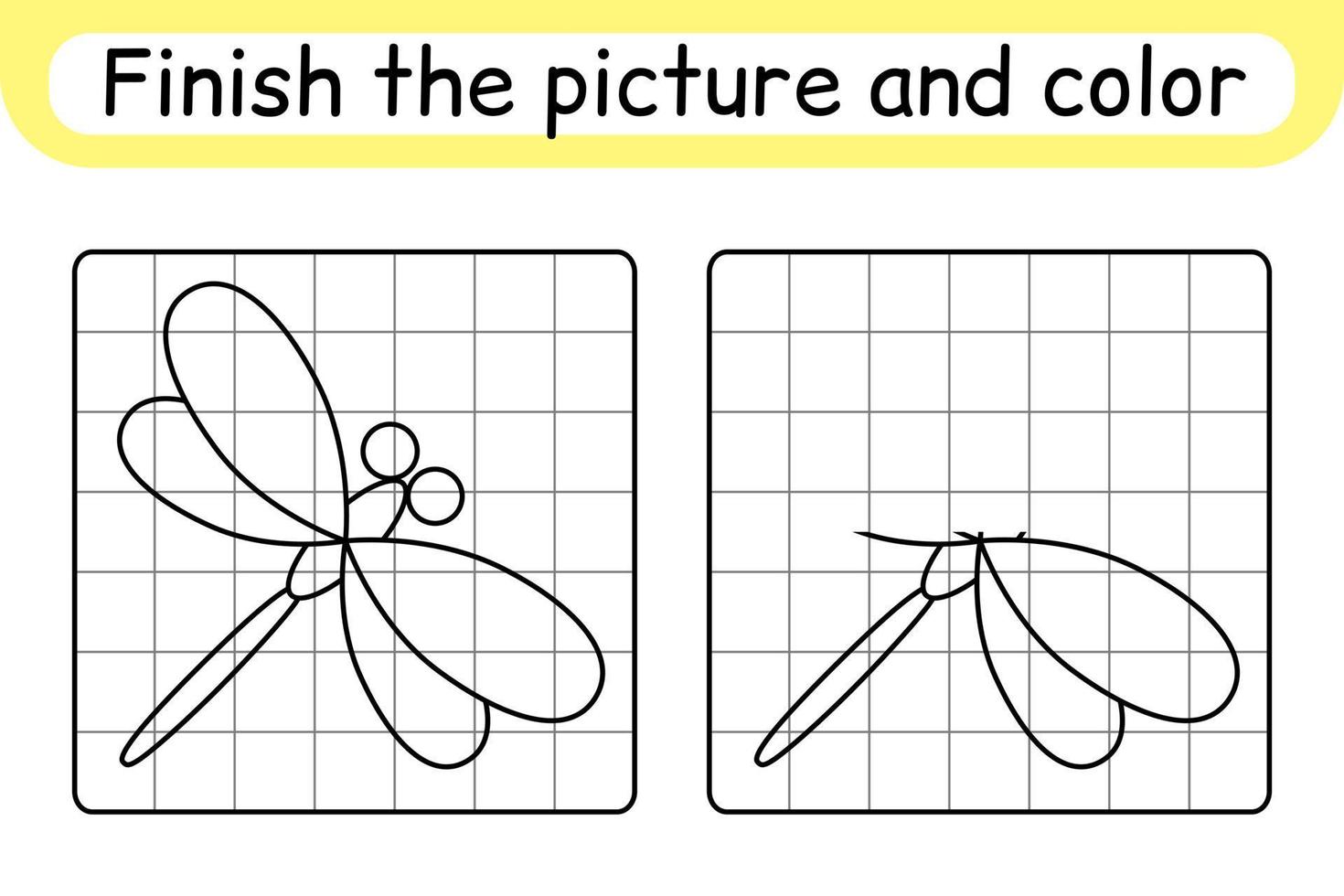 Vervollständigen Sie das Bild Libelle. Kopieren Sie das Bild und die Farbe. beende das Bild. Malbuch. pädagogisches Zeichenübungsspiel für Kinder vektor