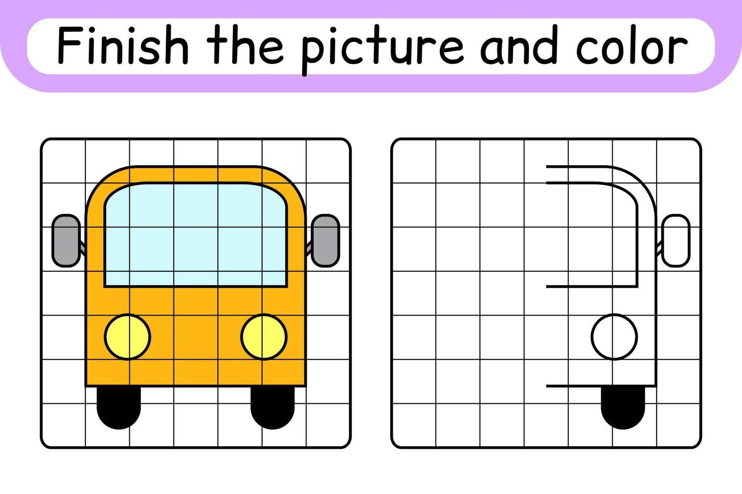 Vervollständigen Sie den Bildbus. Kopieren Sie das Bild und die Farbe. beende das Bild. Malbuch. pädagogisches Zeichenübungsspiel für Kinder vektor