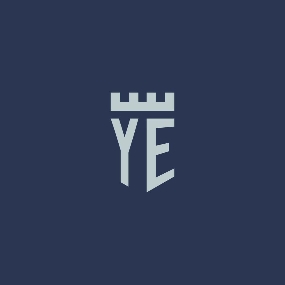 YE-Logo-Monogramm mit Festungsschloss und Schildstil-Design vektor