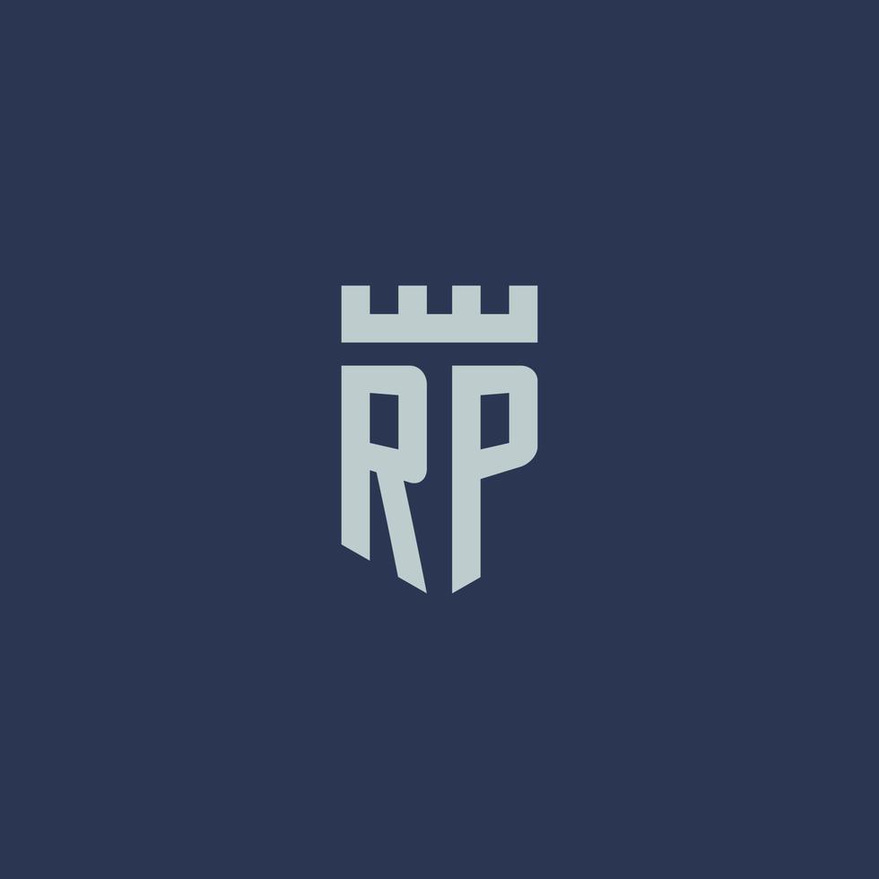 rp-logo-monogramm mit festungsschloss und schildstildesign vektor