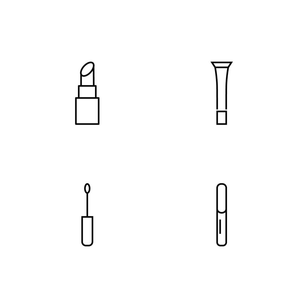 svartvit element perfekt för annonser, butiker, design etc. redigerbar stroke. vektor linje ikon uppsättning med symboler av mascara, läpp pinne, färgton för mun