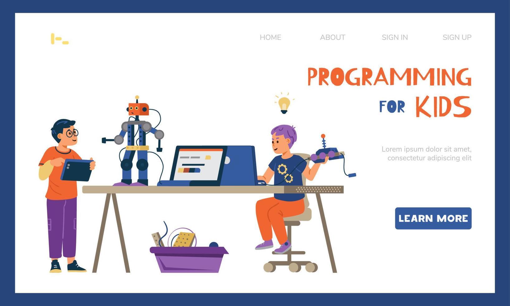 robotik för barn vektor landning sida mall. Pojkar programmering och teknik robotar.