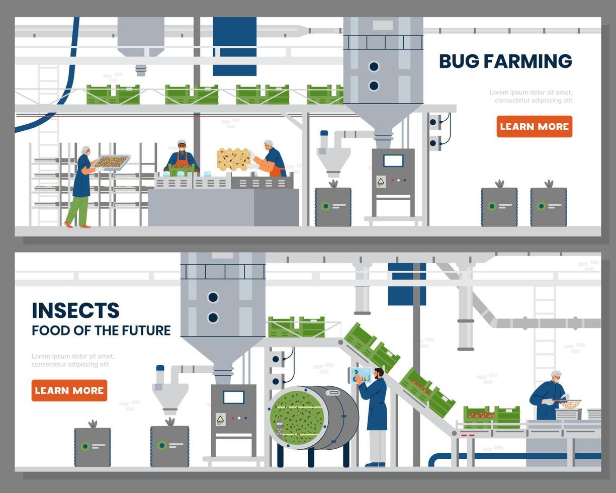 insekt jordbruk horisontell vektor baner. automatiserad insekt bruka interiör med arbetare illustration. insekt som alternativ mat av de framtida.