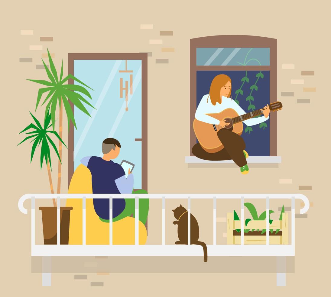 ung par med katt på balkong. man Sammanträde i böna väska stol använder sig av läsplatta, flicka spelar gitarr Sammanträde på fönsterbräda. Hem aktiviteter. platt vektor illustration.