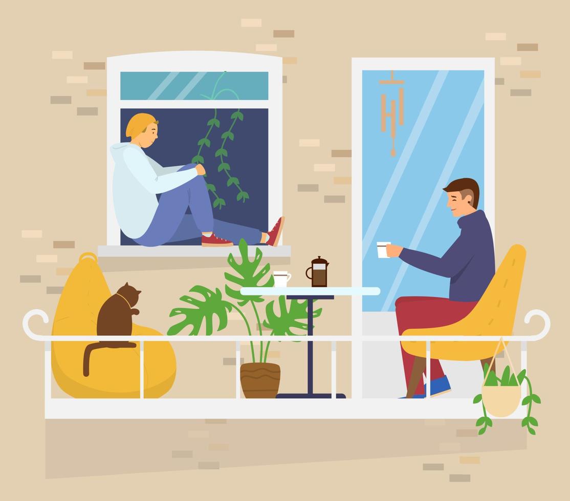 Homosexuelles Paar auf gemütlichem Balkon mit Couchtisch, Katze und Pflanzen. Aktivitäten zu Hause. Haus außen. flache vektorillustration. vektor