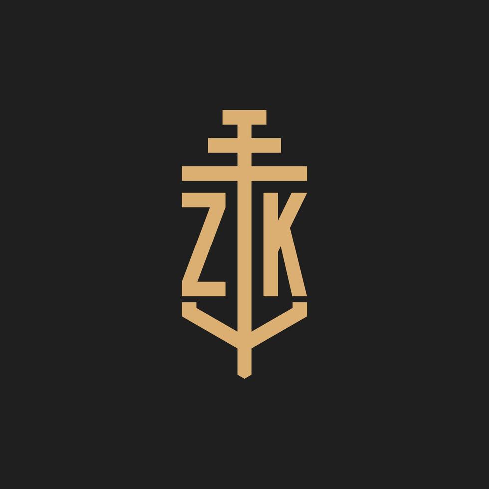 zk anfängliches Logo-Monogramm mit Pfeiler-Icon-Design-Vektor vektor