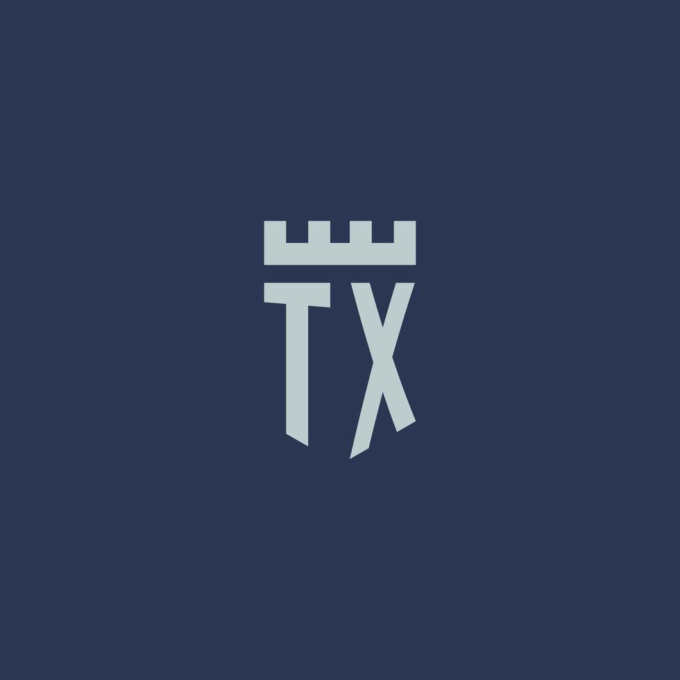 tx-Logo-Monogramm mit Festungsschloss und Schildstil-Design vektor
