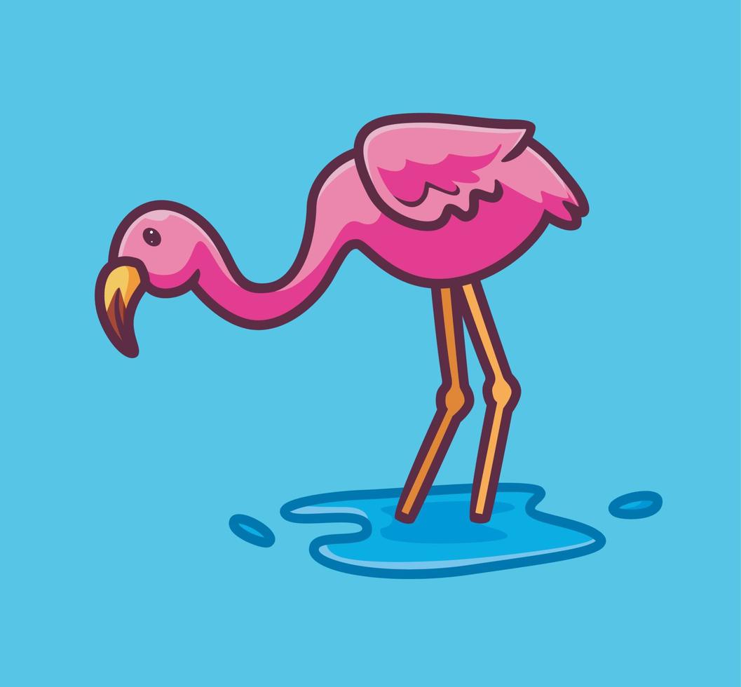 söt flamingo sökande en fisk på vatten. isolerat tecknad serie djur- natur illustration. platt stil lämplig för klistermärke ikon design premie logotyp vektor. maskot karaktär vektor