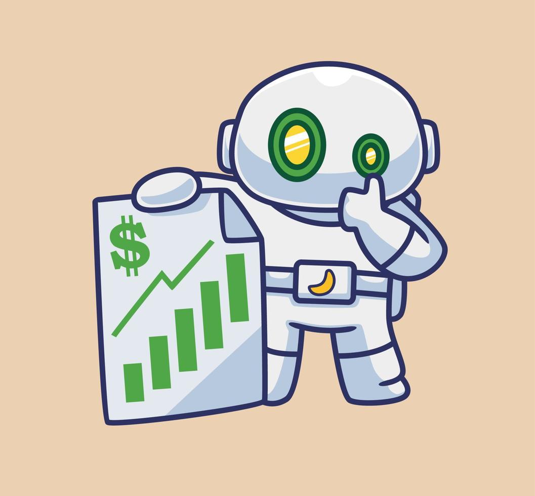 söt astronaut robot framställning pengar från lager. isolerat tecknad serie person illustration. platt stil lämplig för klistermärke ikon design premie logotyp vektor