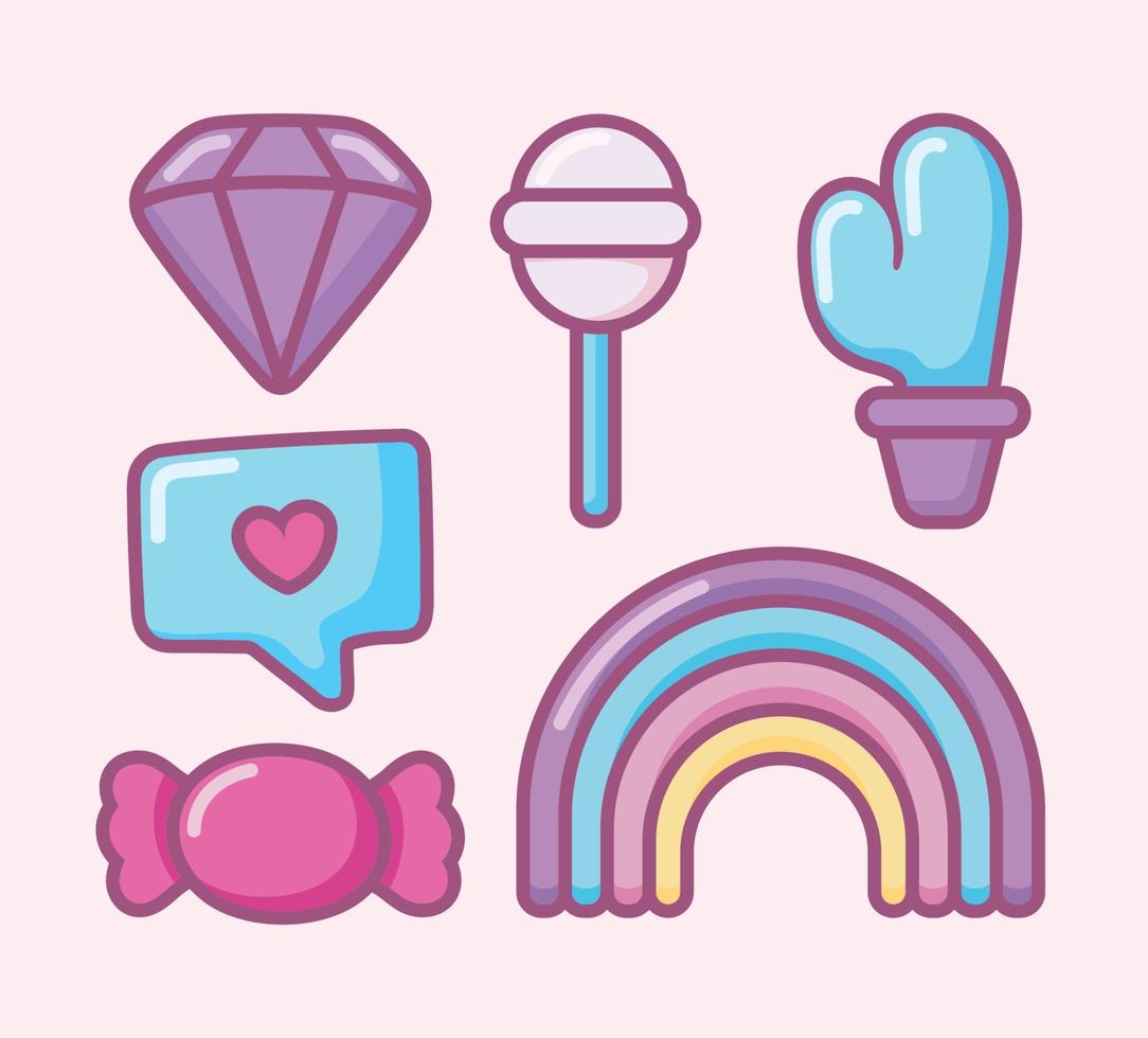 Symbole Cartoon-Regenbogen und Süßigkeiten vektor