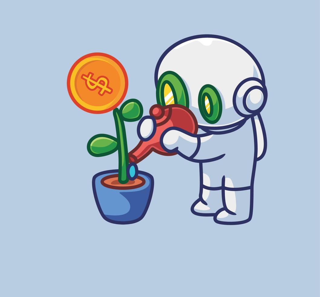 söt astronaut robot sjuksköterska hans växt och fick pengar blomma. isolerat tecknad serie person illustration. platt stil lämplig för klistermärke ikon design premie logotyp vektor