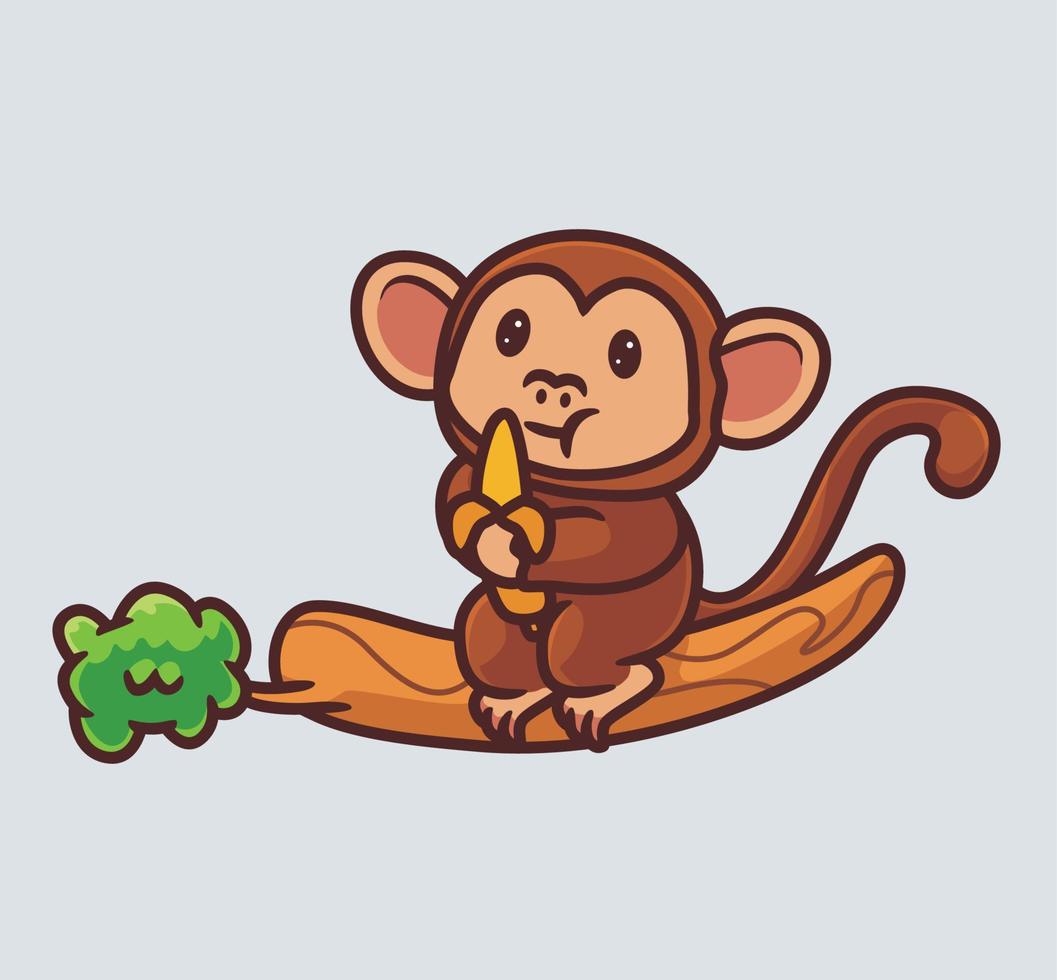 süßer affe, der bananenfrucht auf baum isst. isolierte karikaturtiernaturillustration. flacher Stil geeignet für Aufkleber-Icon-Design Premium-Logo-Vektor. Maskottchen Charakter vektor