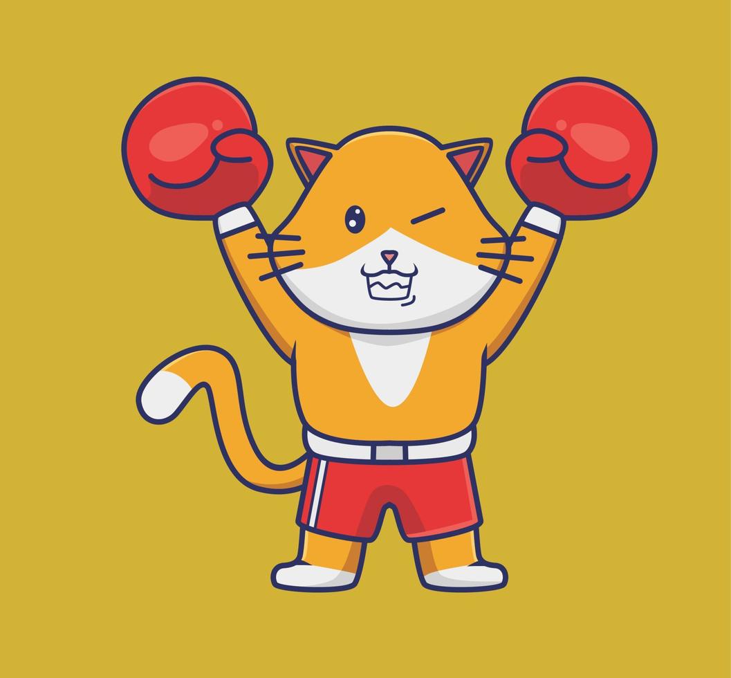 süße Boxkatze Hände hoch. isolierte illustration des karikaturtiersportkonzepts. flacher Stil geeignet für Aufkleber-Icon-Design Premium-Logo-Vektor. Maskottchen Charakter vektor