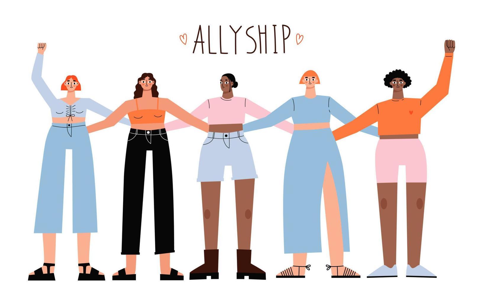 kvinnor stå tillsammans och kram varje annan.bokstäver allierade. internationell kvinnors dag begrepp. kvinnors gemenskap. kvinna solidaritet. vektor illustration