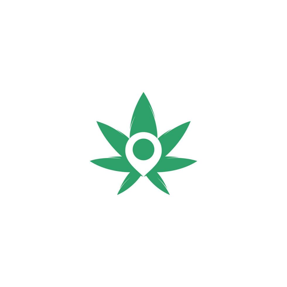 Marihuana-Blatt und Kartenzeiger-Logo-Design. Hanf- und GPS-Locator-Symbol oder -Symbol. vektor