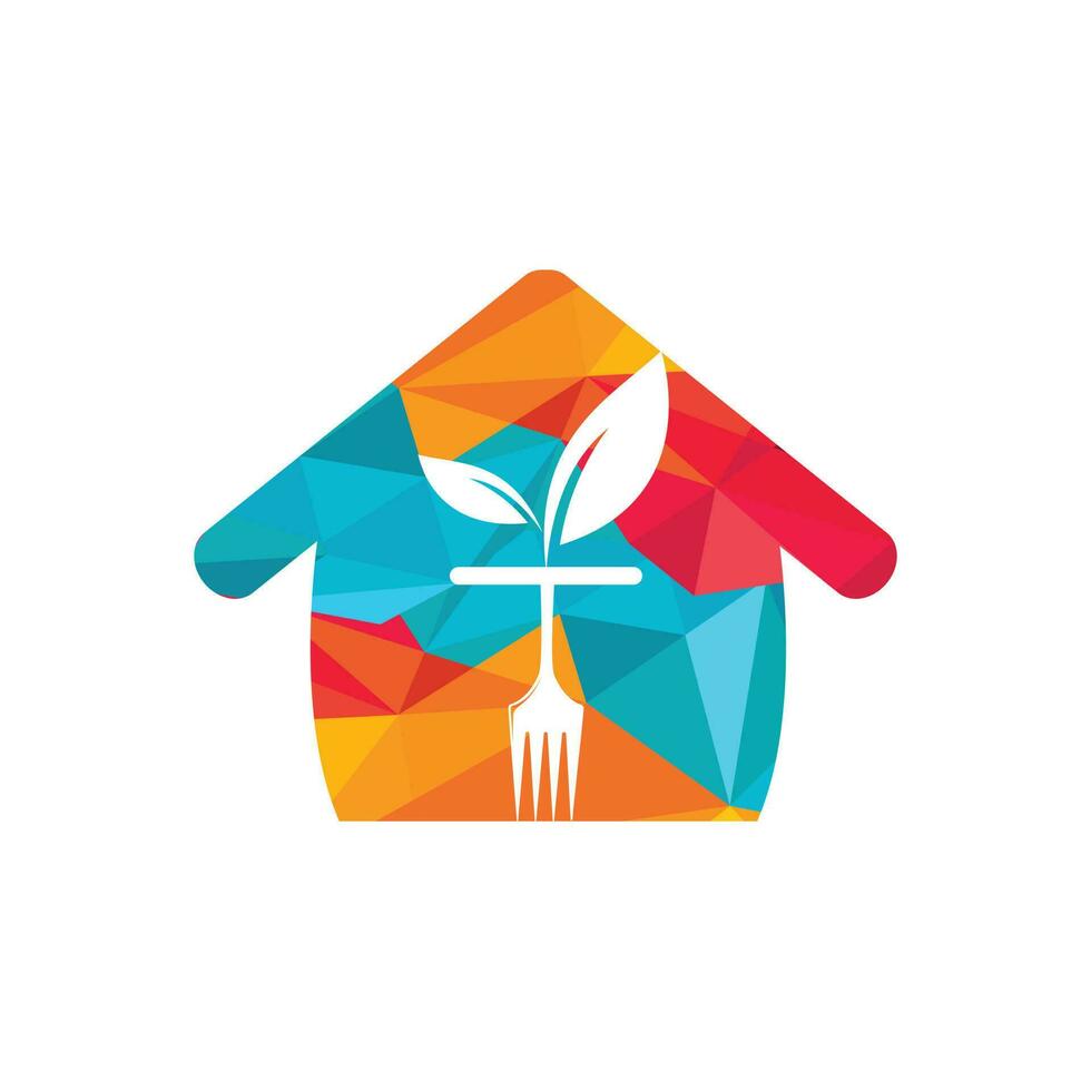Logo-Vorlage für gesunde Lebensmittel. Zuhause mit Gabel- und Blattsymbol. vektor