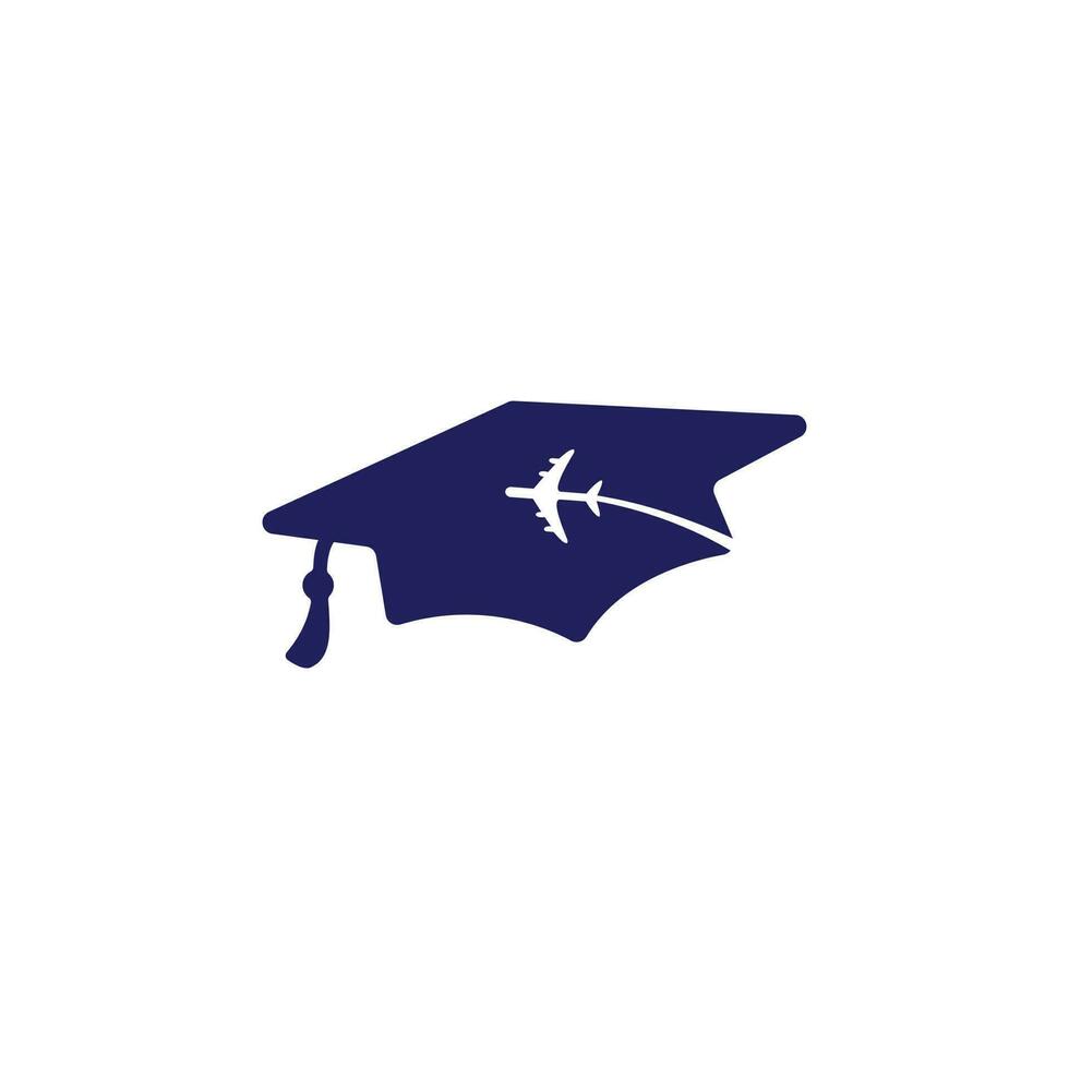 Studieren Sie im Ausland Vektor-Logo-Design. Abschlusskappe und Flugzeugsymbol. vektor