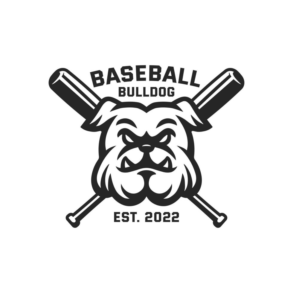 bulldogge maskottchen logo illustration baseball mit fledermäusen schwarz-weißem hintergrund vektor