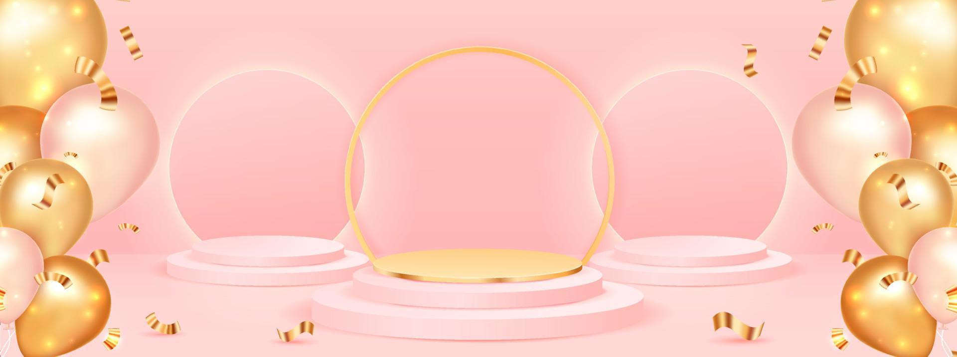 szenenpodium mit goldenen und rosa luftballons. Produktpräsentation, Mock-up. Podium, Siegerpodest oder Podest. Vektor-Illustration vektor