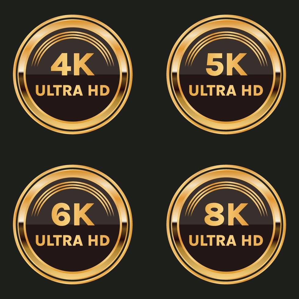 gyllene 4k ultra hd knapp 5k ultra hd ikon 6k ultra hd märka och 8 K ultra hd bricka uppsättning vektor