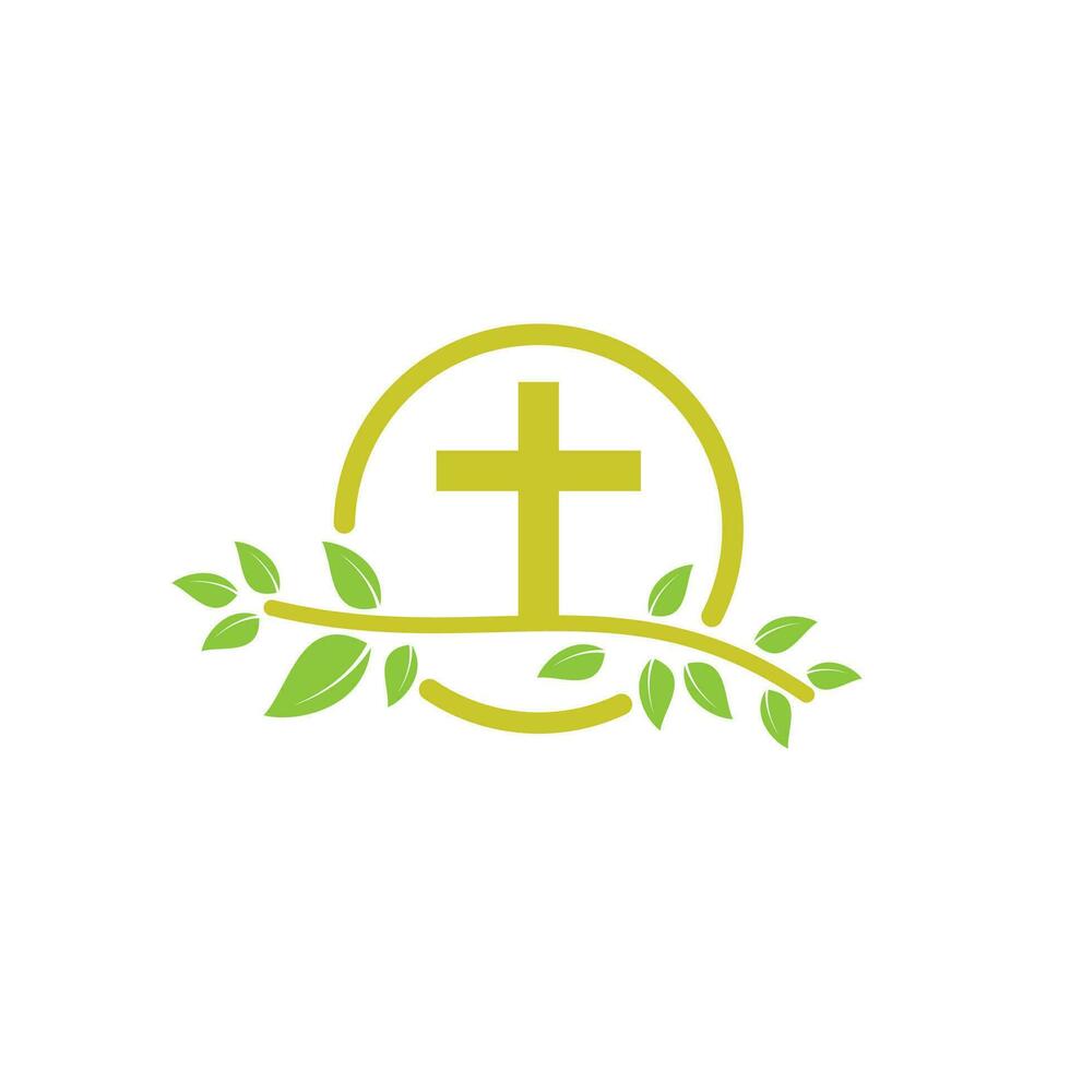 Einfaches christliches Kirchenkreuz mit Baum verlässt Vektor-Logo-Design. vektor