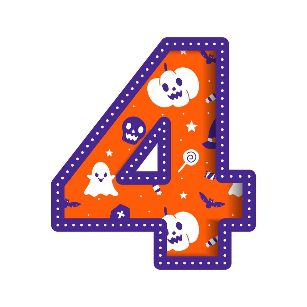 niedlich happy halloween nummer 4 vier ziffer numerisch party schriftart charakter cartoon gruselig horror bunt papier ausschnitt typ design feier vektor illustration schädel kürbis fledermaus hexenhut spinnennetz