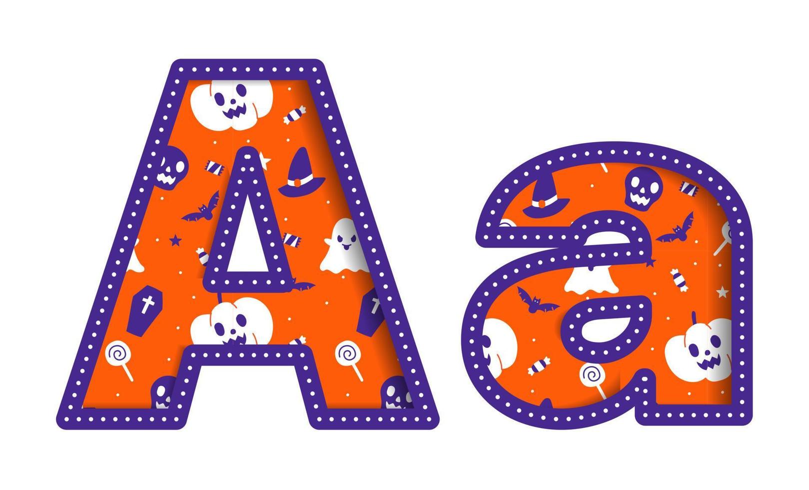 süß fröhlich halloween ein alphabet großbuchstabe kleinbuchstabe party schriftart typografie charakter cartoon gespenstisch entsetzen bunt papier ausschnitt art design feier vektor illustration schädel kürbis fledermaus hexenhut