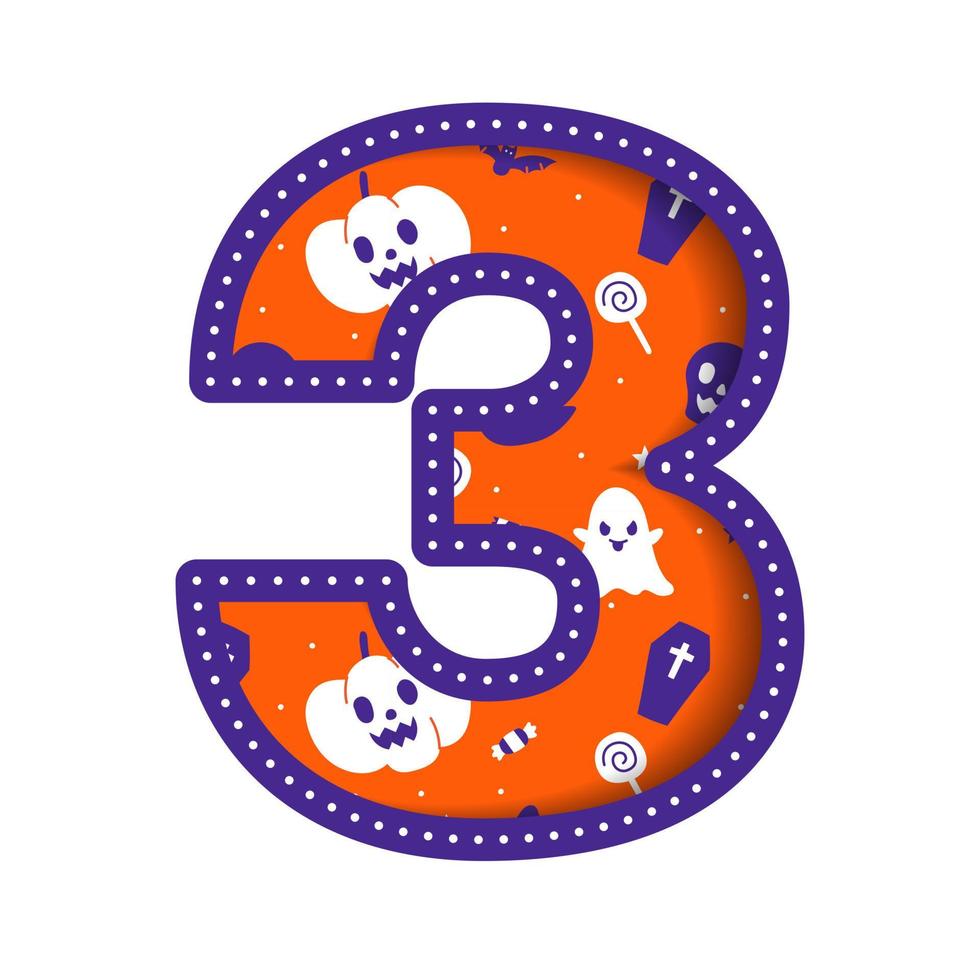 söt Lycklig halloween siffra 3 tre siffra numerisk fest font karaktär tecknad serie läskigt Skräck färgrik papper Skära ut typ design firande vektor illustration skalle pumpa fladdermus häxa hatt Spindel webb