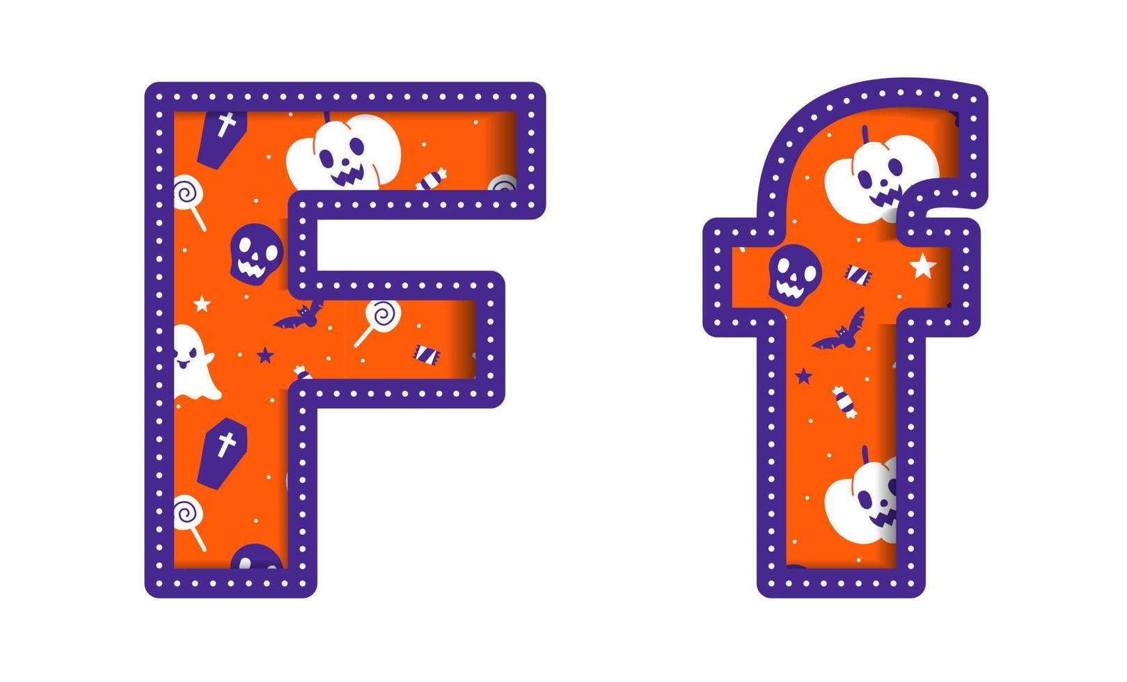 niedlich fröhlich halloween f alphabet großbuchstabe kleinbuchstabe party schriftart typografie charakter cartoon gespenstisch horror bunt papier ausschnitt art design feier vektor abbildung schädel kürbis fledermaus hexenhut