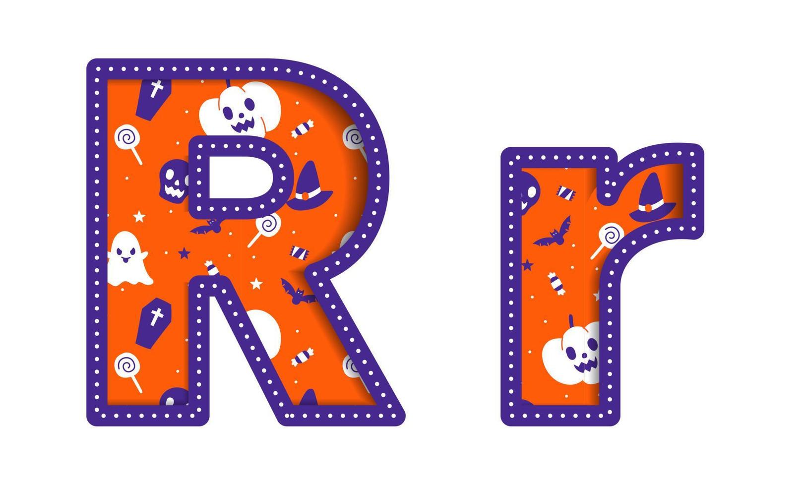 süß fröhlich halloween r alphabet großbuchstabe kleinbuchstabe party schriftart typografie charakter cartoon gespenstisch horror bunt papier ausschnitt typ design feier vektor illustration schädel kürbis fledermaus hexenhut