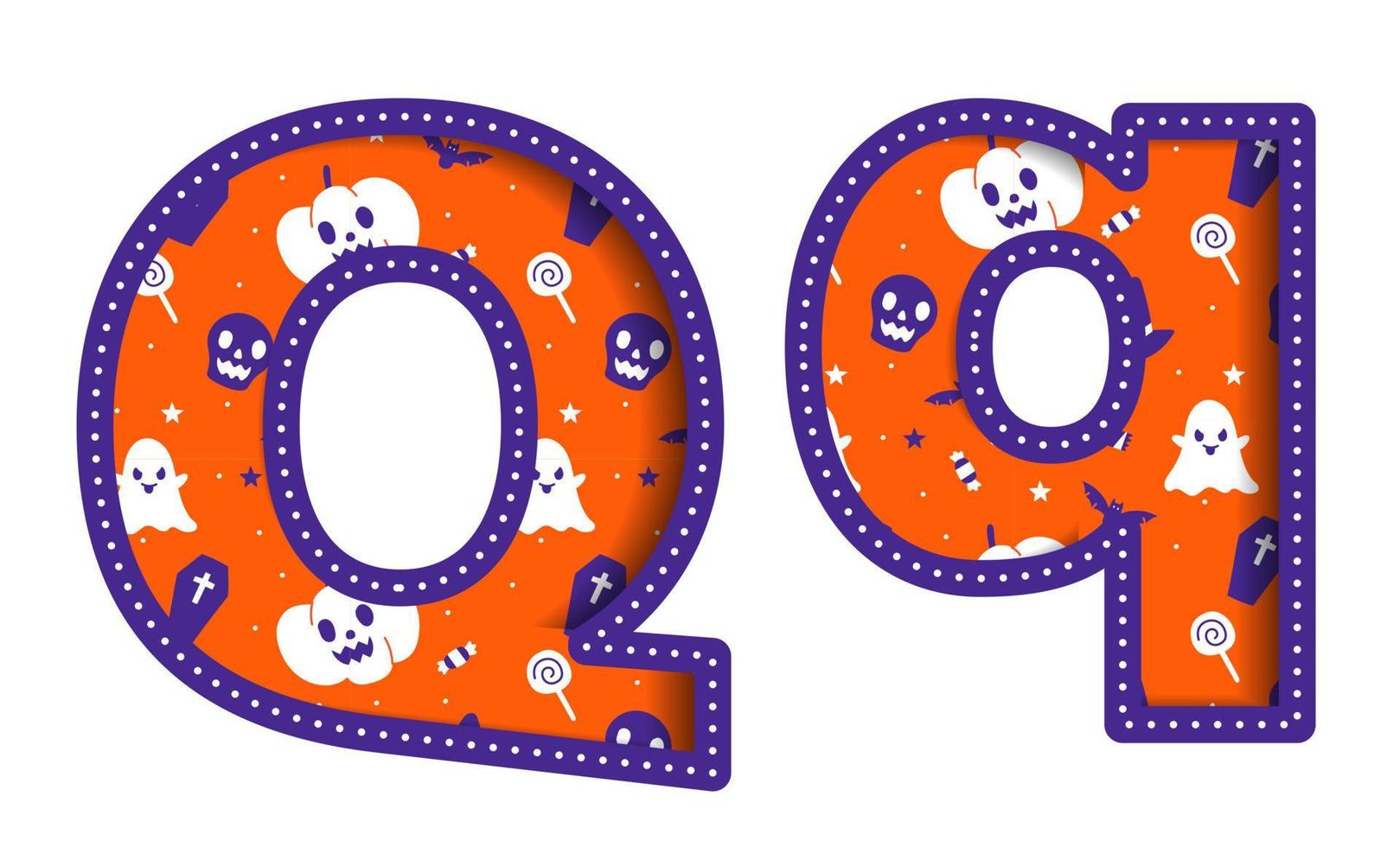 söt Lycklig halloween q alfabet huvudstad små brev fest font typografi karaktär tecknad serie läskigt Skräck färgrik papper Skära ut typ design firande vektor illustration skalle pumpa fladdermus häxa hatt