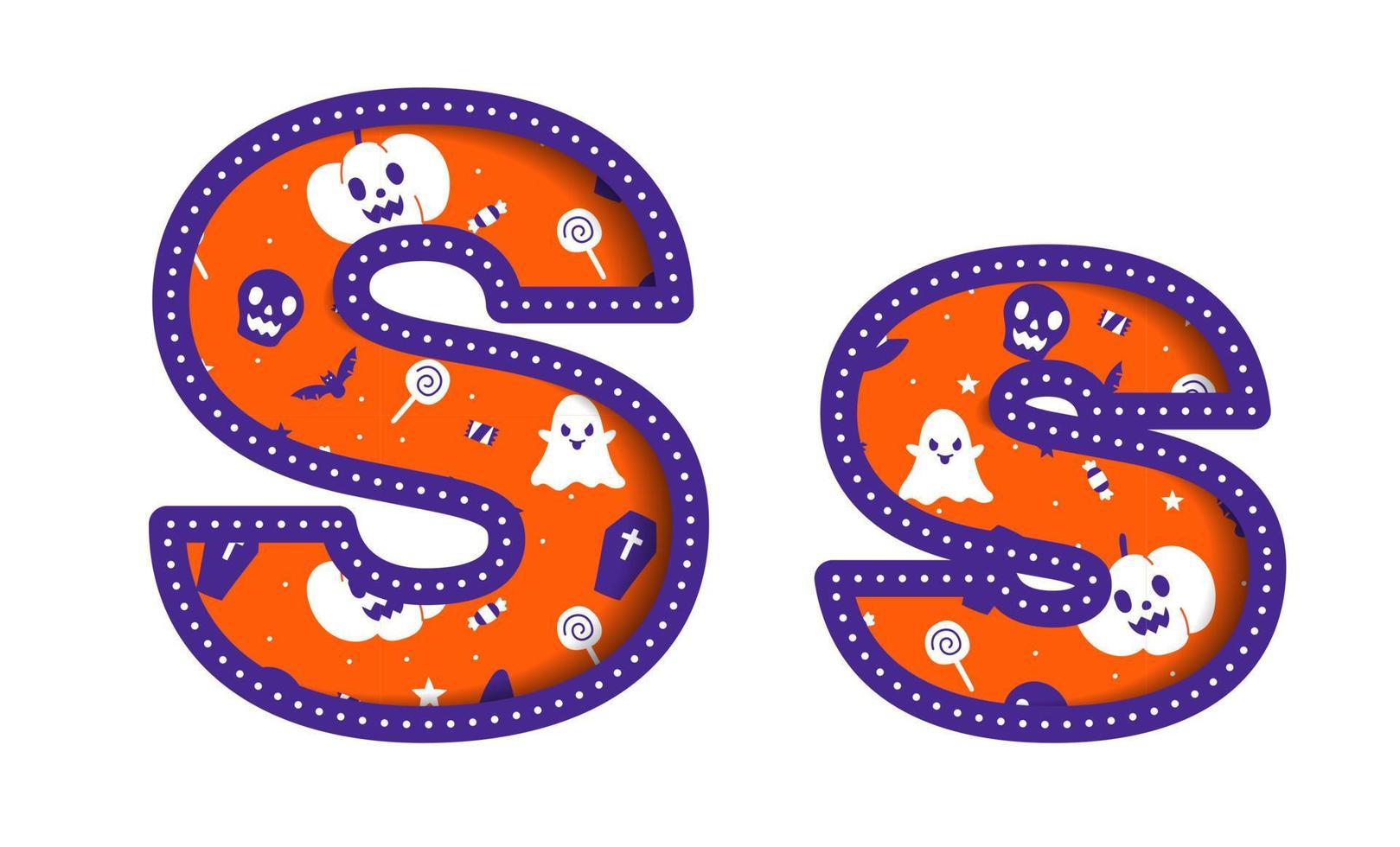 niedlich happy halloween s alphabet großbuchstabe kleinbuchstabe party schriftart typografie charakter cartoon gespenstisch horror bunt papier ausschnitt art design feier vektor illustration schädel kürbis fledermaus hexenhut