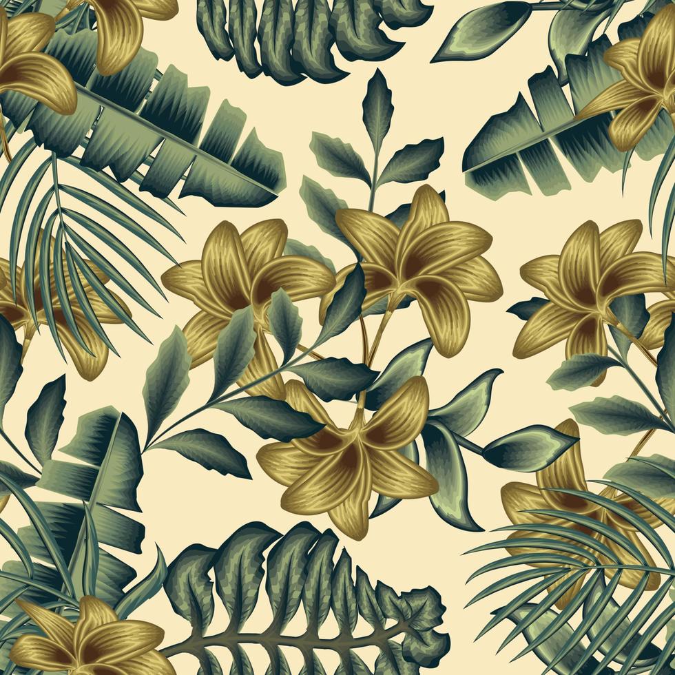 goldene natürliche abstrakte blumenillustration auf beigem hintergrund modische textur mit grünen tropischen bananenpalmenblättern und pflanzenlaub. Vintage botanische Tapete. Vorlage Innenarchitektur vektor
