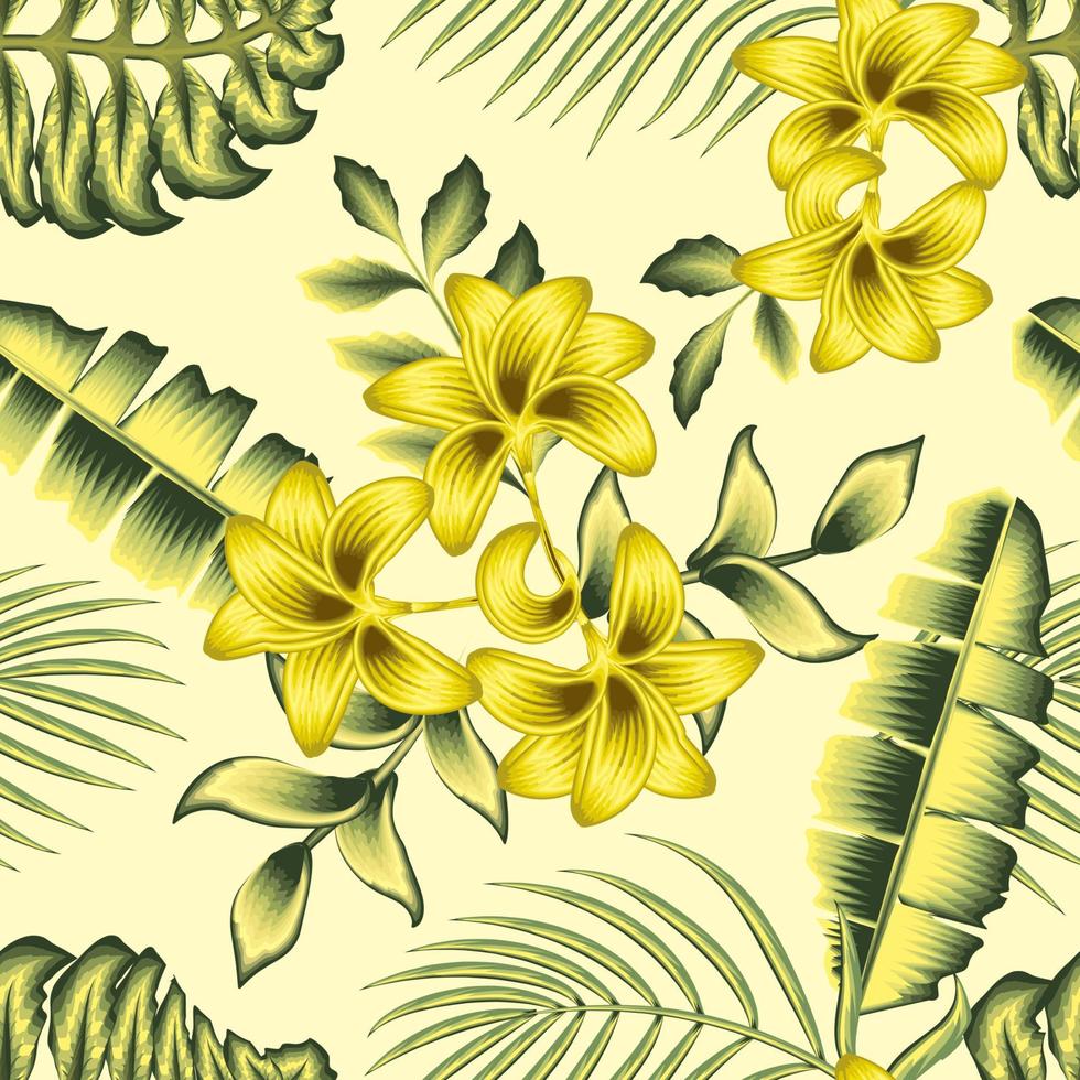 abstrakter Blumenhintergrund Vektor dekoratives nahtloses tropisches Muster modische Textur mit grünem Licht Bananenpalmblättern und Pflanzenlaub auf beigem Hintergrund. Blumenhintergrund. Sommer