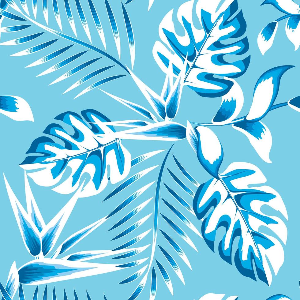 himmelblauer Hintergrund Vektordesign dekorativ mit tropischen Monstera Farnblättern und Strelitzia Blumen Pflanzenlaub. Blumenhintergrund. exotische Tropen. Sommerdesign. naturtapetenillustration vektor