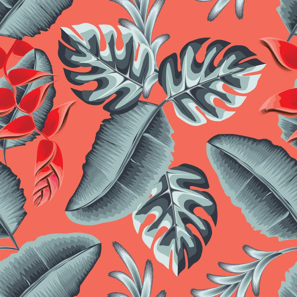 röd abstrakt heliconia blomma sömlös mönster med tropisk banan monstera växter och lövverk på ljus bakgrund. blommig bakgrund. exotisk tropikerna. sommar design. paradis natur. skriva ut textur vektor