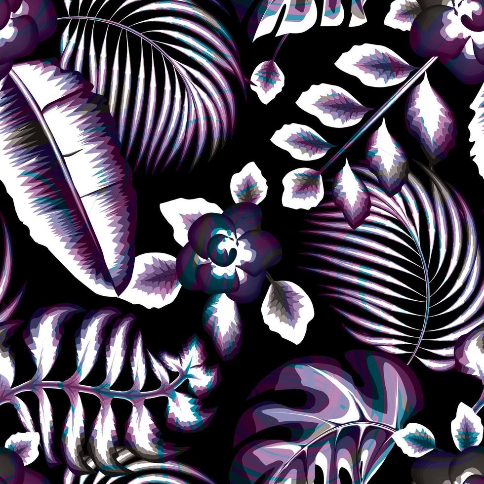 tropisches muster mit bananenpflanzenlaub und abstrakten blumen auf schwarz. Kokosnussblätter Hintergrund dekorativ. Naturtapete. Vektordesign. exotische Tropen. T-Shirt Sommerdesign. Herbst. Natur vektor