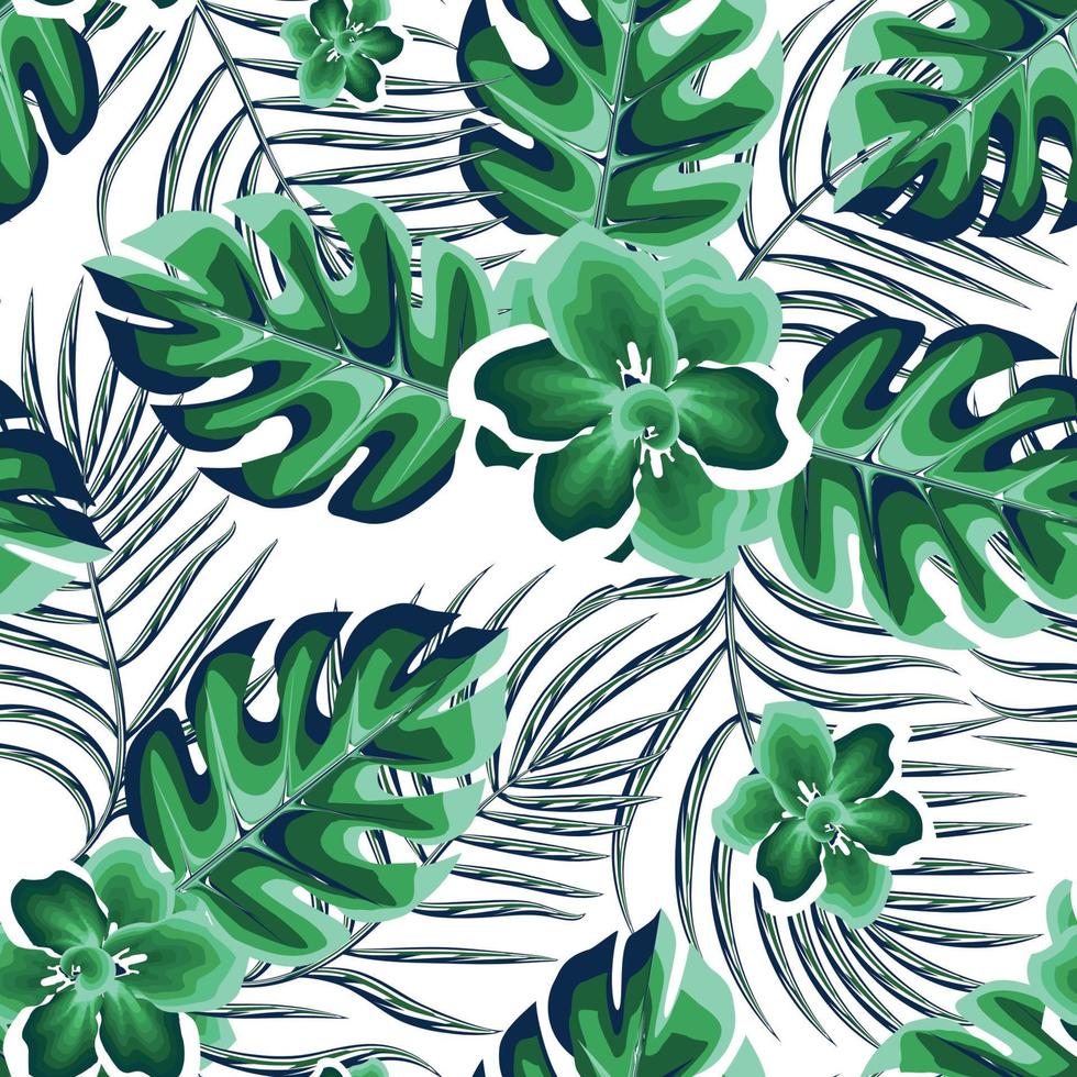 nahtloses tropisches muster mit grünen monochromatischen monstera-palmenblättern und jasminblumenpflanzen auf weißem hintergrund. schöne exotische Pflanzen. trendiger Sommer-Hawaii-Print. Blumenhintergrund. Herbst vektor