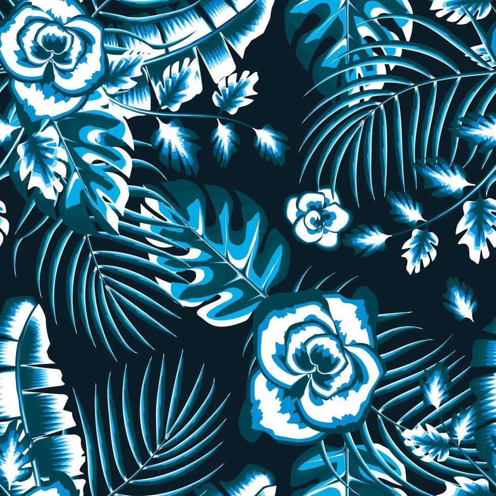 Nachtwaldhintergrund-Vektordesign mit blauen monochromatischen abstrakten Blumenpflanzenlaub und Bananenmonstera-Palmblättern auf Dunkelheit. Blumenhintergrund. Strandmuster. Sommerdesign. Hintergrund. Herbst vektor